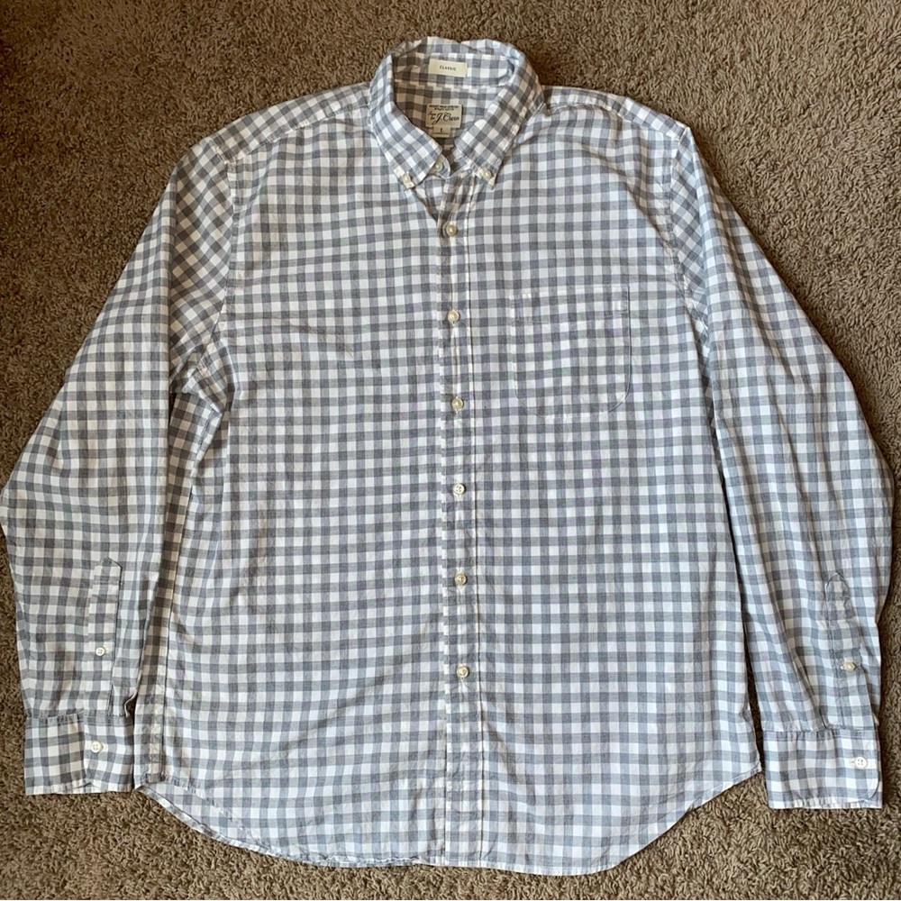 J. Crew Shirt Men's Large Gray Plaid Organic Cotton Secret Wash Classic Button